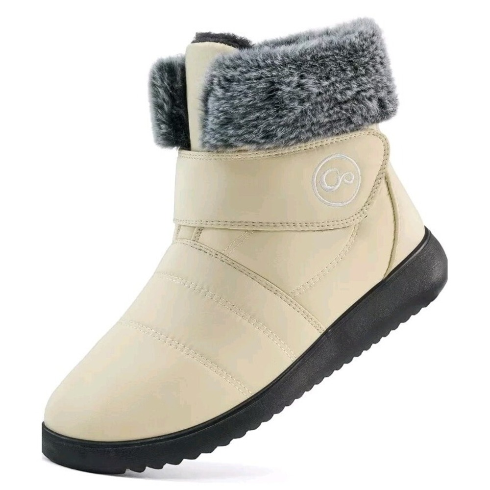 Women's Snow Boots Winter Shoes Faux Fur Lined Beige‎ Warm Slip On Boots EU 45